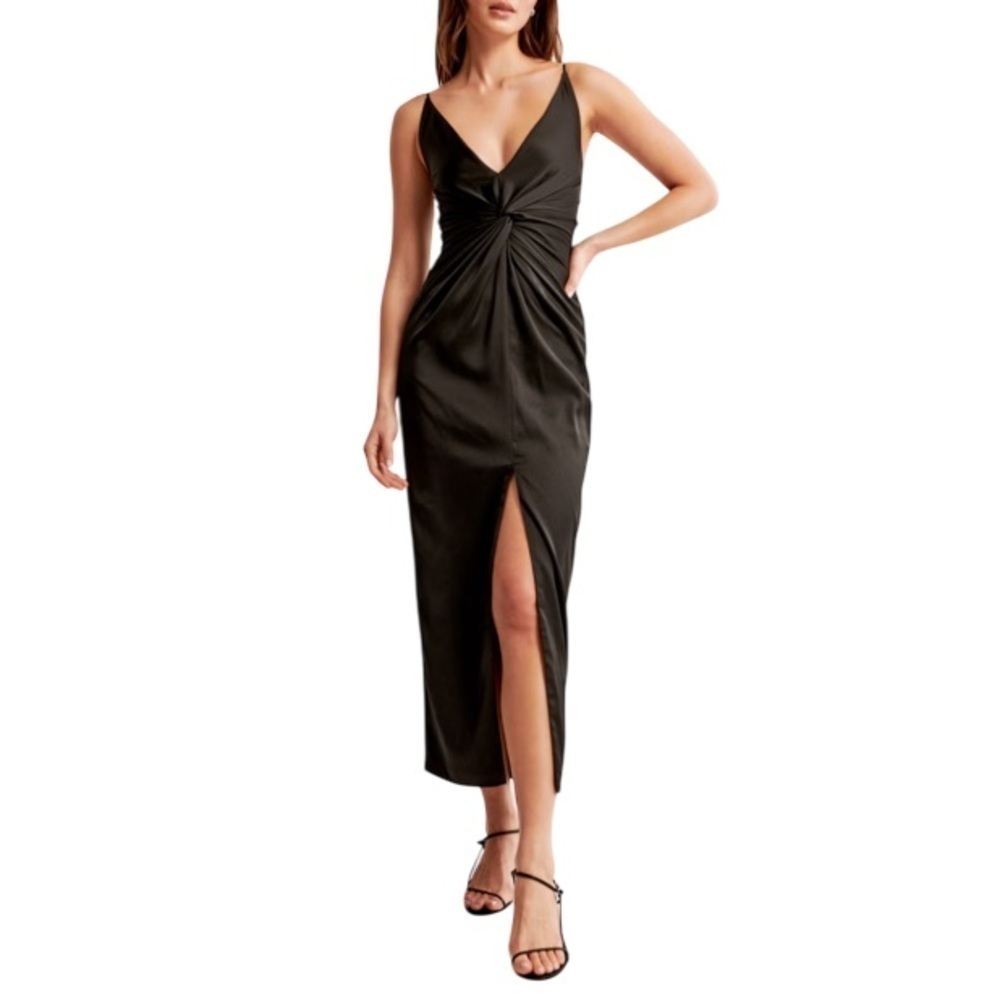 ABERCROMBIE & FITCH NWT Draped Twist-Front Satin Maxi Dress Black Evening M Tall